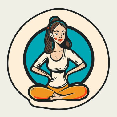 Öğretmen nilüfer çiçeği pozuyla meditasyon yapıyor. Kadın yoga sınıfında fitness stüdyosunda oturuyor. Çizgi film vektör çizimi. izole edilmiş arkaplan, etiket, etiket 