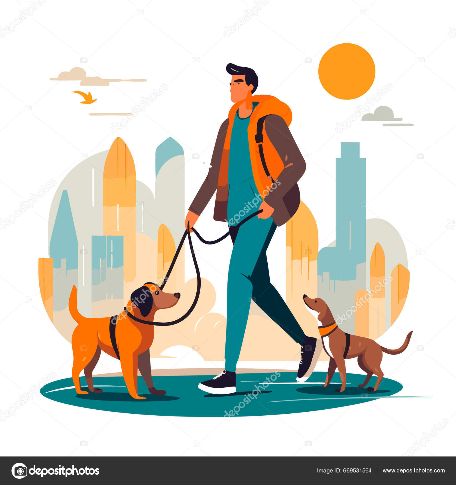 cartoon people walking dogs