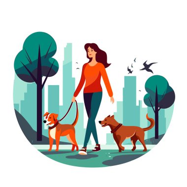 Bir grup köpeği olan kız köpek gezdirici. Köpek gezdirme servisi. Çizgi film vektör illüstrasyonu.