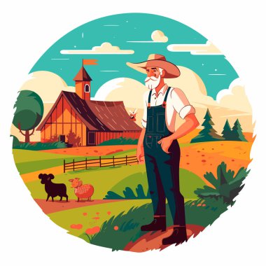 Çiftliğini kontrol ederken dikkatli ol. Hayvanlarla dolu kırsal bir arazi ve arka planda bir çiftlik. Çiftlik konsepti. Çizgi film vektör çizimi. etiket, etiket