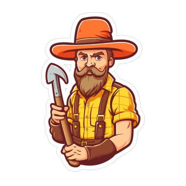 Şapkalı sakallı bir çiftçi bahçesinde sebze yetiştirmek için bir kürek tutuyor. Tarım, tarım kavramı. Çizgi film vektör çizimi. etiket, etiket