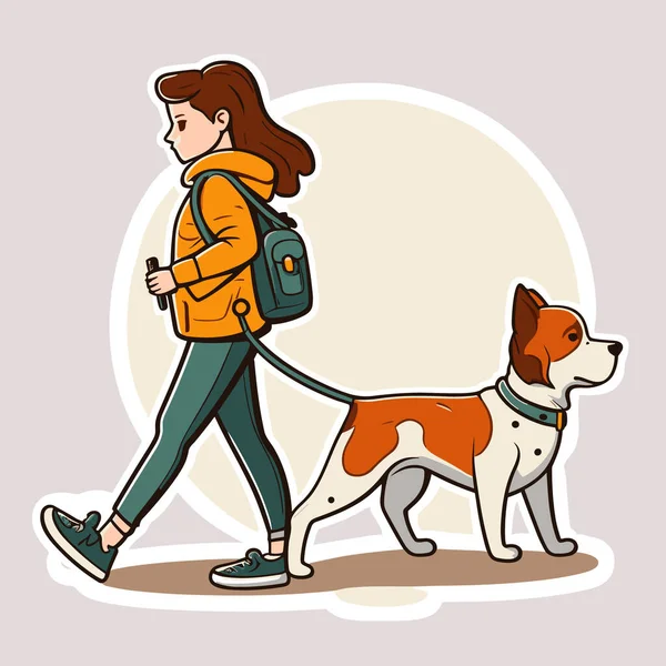 Caminhante Cão Menina Com Cão Desfrutando Passeio Serviço Caminhada Cães — Vetor de Stock