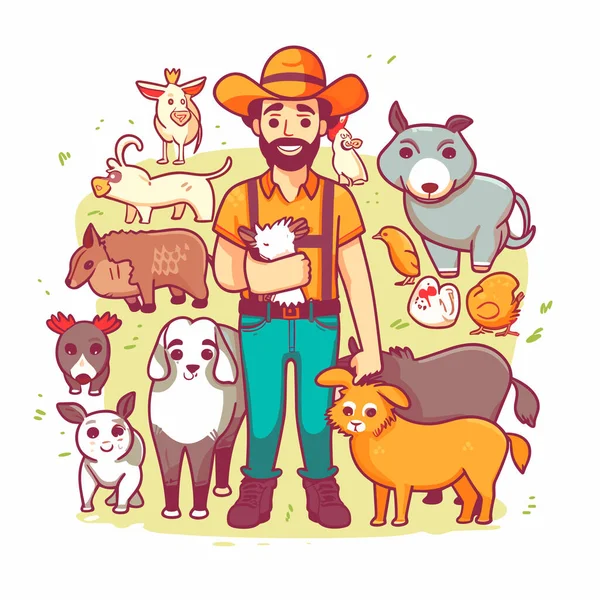 Agricultor Com Seus Animais Quinta Conceito Agrícola Agrícola Desenhos Animados — Vetor de Stock