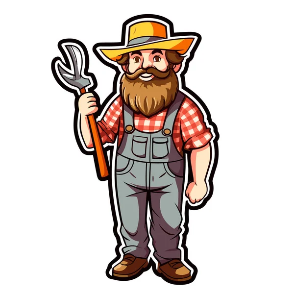 一个戴帽子的留胡子农民拿着一把铲子在自家花园里种菜 农场概念 卡通矢量图解 — 图库矢量图片#