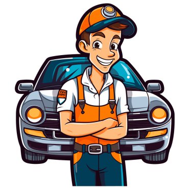 Arabanın yanında duran mutlu tamirci. Araba tamiri ve bakımı. Çizgi film vektör illüstrasyonu. 