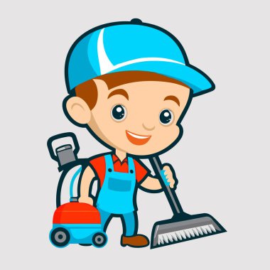 Kuru temizlemecinin çalışanı dairedeki halıdaki kiri temizliyor. Temizlik hizmeti konsepti. Çizgi film vektör illüstrasyonu.