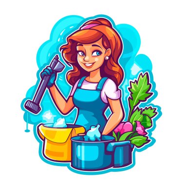 Genç, gülümseyen bir kadın mutfakta tencere ve bulaşıkları yıkıyor. Ev işi ve temizlik kavramı. Çizgi film vektör illüstrasyonu.