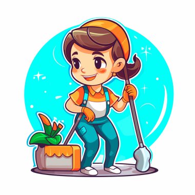 Elinde paspas olan bir temizlikçi kadın yerleri paspaslıyor. Profesyonel temizlik servisi. Çizgi film vektör illüstrasyonu.