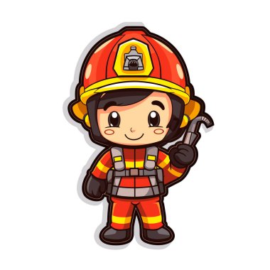 Koruyucu giysisi ve miğferi olan şanslı bir itfaiyeci yangınla savaşmaya hazır. İtfaiyeci eğitimi. Çizgi film vektör illüstrasyonu.