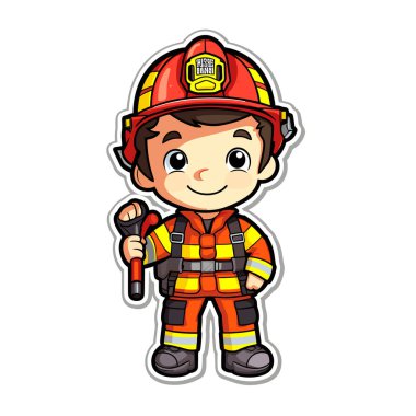 A lucky firefighter equipped with a protective suit and helmet is ready to fight the fire. Firefighter training. Cartoon vector illustration. clipart