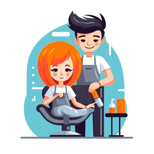 理发师在美容院里修剪客人的头发 头发护理和化妆品 卡通矢量图解 — 图库矢量图片#