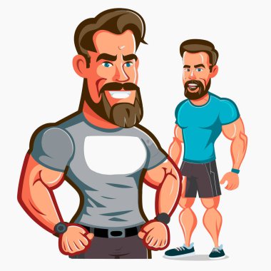 Fitness eğitmeni müşteriyle alıştırmaya yardım ediyor. Atletik adam. Çizgi film vektör illüstrasyonu.