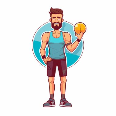 Profesyonel spor salonunda kişisel antrenör. Egzersiz ve sağlıklı yaşam. Çizgi film vektör illüstrasyonu.