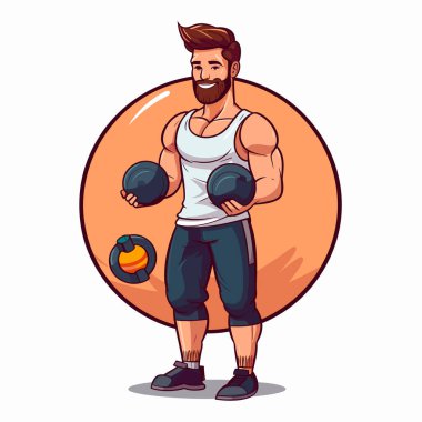 Atletizm antrenörü bir müşteriyle çalışırken danışmaya hazır. Kişisel fitness eğitmeni. Çizgi film vektör illüstrasyonu.