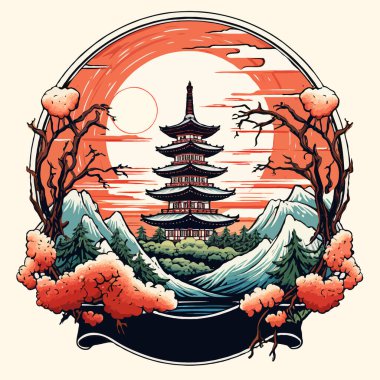 Japan, Senso-ji temple tower on stylish label background. Retro poster template in vintage style.