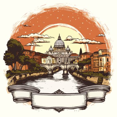 I love Rome. Sticker with the background of St. Peter's Basilica and Roman city buildings. Stylish retro label.