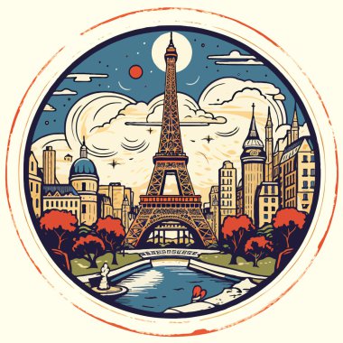 Paris Eiffel Tower icon with silhouette of city architecture of France and travel landmarks. Retro label or vignette.