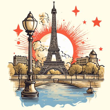 Sticker of the city of Paris. The Eiffel Tower in the background of the city with a bridge and a lamp in the foreground. Retro style drawing.
