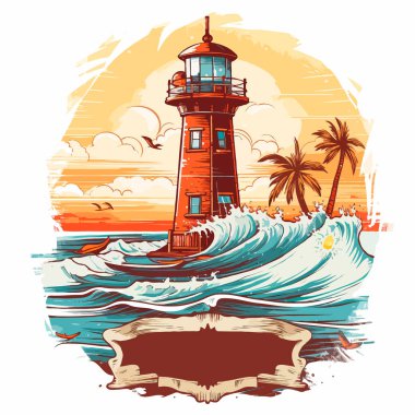 Deniz feneri. Giysi baskısı için klasik tişört tasarımı etiketi.