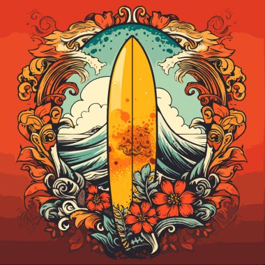 Okyanus plajı sörf etiketi. Tişörtte sörfçü izi var. Tatil seyahati için sörf tahtasını imzalayın.