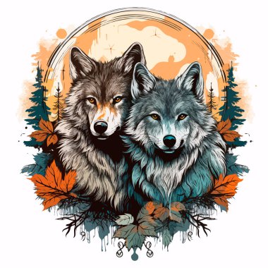 Doğadaki iki vahşi kurdun motifiyle etiketlenmiş. Yazdırma tişörtleri, çıkartmalar ve etiketler için çizimler. 