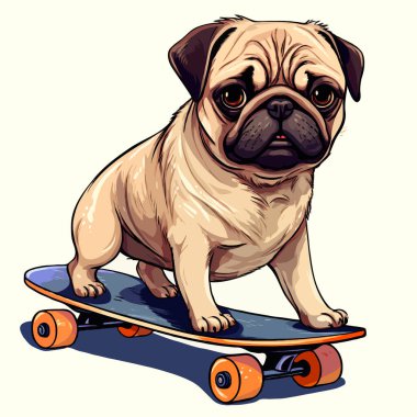 Şirin komik pug köpeği, tapılası bej hayvan karakteri kaykay sürüyor..
