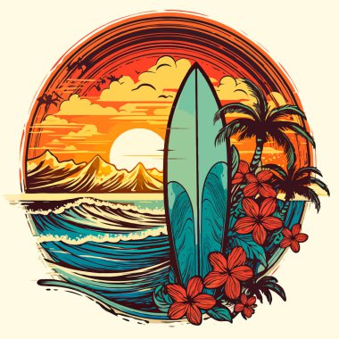 Hawaii tarzı sörf kulübü ve sörf okulu tasarımı. Retro vintage etiketi.