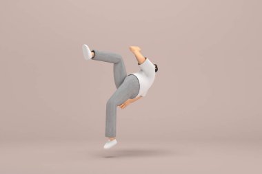 Gri kadife pantolon ve beyaz yakalı tişört giyen sakallı adam. Oyunculuktaki çizgi film karakterinin 3 boyutlu çizimi. Düşüyor..