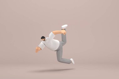 Gri kadife pantolon ve beyaz yakalı tişört giyen sakallı adam. Oyunculuktaki çizgi film karakterinin 3 boyutlu çizimi. Düşüyor..