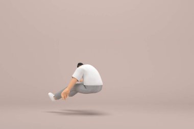 Gri kadife pantolon ve beyaz yakalı tişört giyen sakallı adam. Oyunculuktaki çizgi film karakterinin 3 boyutlu çizimi. Atlıyor..