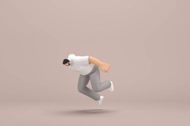 Gri kadife pantolon ve beyaz yakalı tişört giyen sakallı adam. Oyunculuktaki çizgi film karakterinin 3 boyutlu çizimi. Düşüyor..