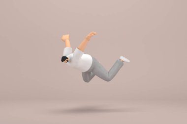 Gri kadife pantolon ve beyaz yakalı tişört giyen sakallı adam. Oyunculuktaki çizgi film karakterinin 3 boyutlu çizimi. Düşüyor..