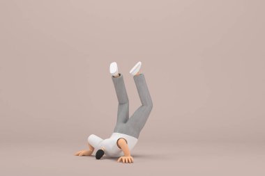 Gri kadife pantolon ve beyaz yakalı tişört giyen sakallı adam. Egzersiz yapıyor. Oyunculuktaki çizgi film karakterinin 3d çizimi.