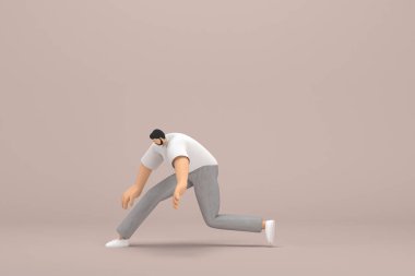 Gri kadife pantolon ve beyaz yakalı tişört giyen sakallı adam. Egzersiz yapıyor. Oyunculuktaki çizgi film karakterinin 3d çizimi.