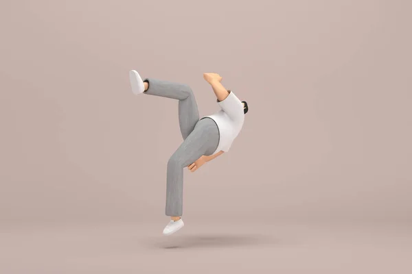 The man with beard wearinggray corduroy pants and white collar t-shirt.  3d illustrator of cartoon character in acting. He is falling down.