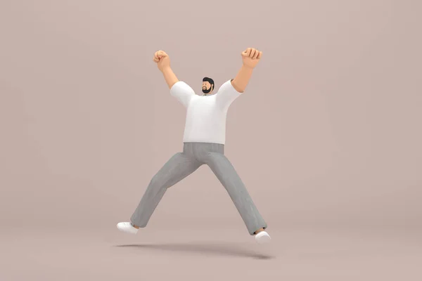 髭を生やした男はグレーのコーデュロイパンツと白い襟のTシャツを着ていた 演技中の漫画のキャラクターの3Dイラストレーター 飛び跳ねてる — ストック写真