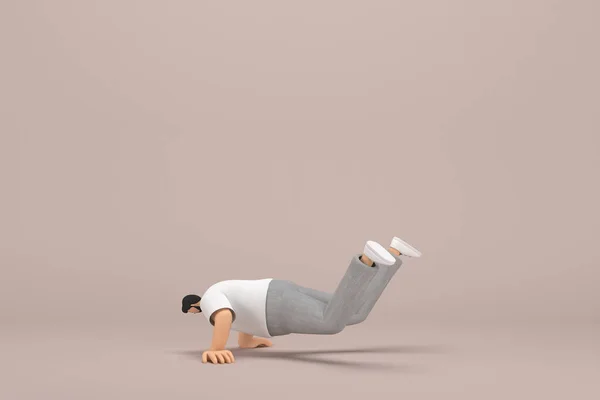 Gri Kadife Pantolon Beyaz Yakalı Tişört Giyen Sakallı Adam Egzersiz — Stok fotoğraf