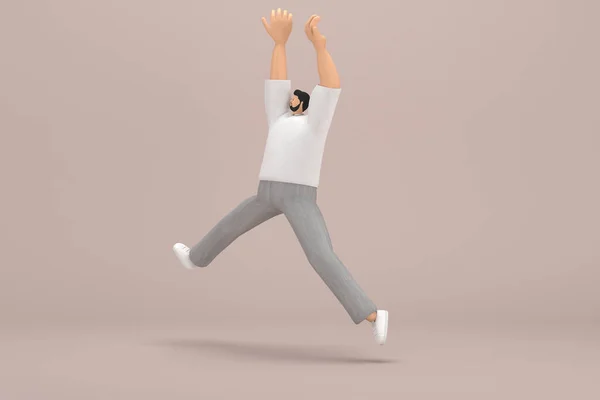 The man with beard wearinggray corduroy pants and white collar t-shirt.  3d illustrator of cartoon character in acting. He is jumping.