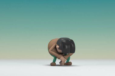Kahverengi uzun kollu yeşil pantolon giyen bıyıklı adam. Üzgün ya da acı çekiyor. Oyunculuktaki çizgi film karakterinin 3d çizimi.