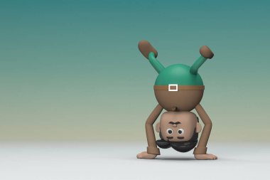 Kahverengi uzun kollu yeşil pantolon giyen bıyıklı adam. Egzersiz yapıyor. Oyunculuktaki çizgi film karakterinin 3d çizimi.