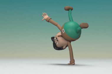 Kahverengi uzun kollu yeşil pantolon giyen bıyıklı adam. Egzersiz yapıyor. Oyunculuktaki çizgi film karakterinin 3d çizimi.