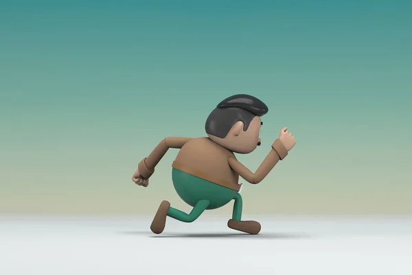 The man  with mustache wearing a brown long sleeve shirt green pants.  He is running. 3d illustrator of cartoon character in acting.
