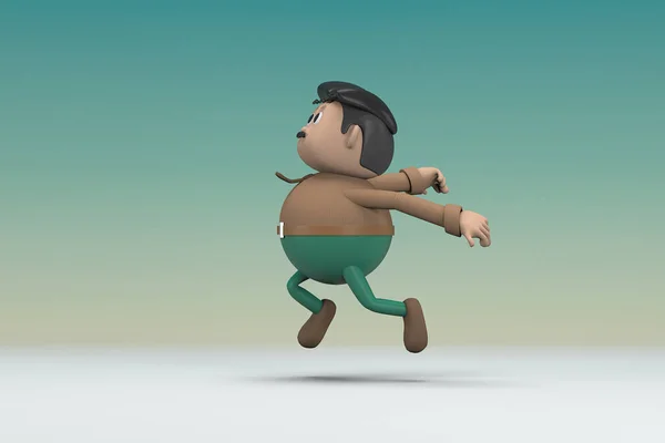 The man  with mustache wearing a brown long sleeve shirt green pants. He is jumping. 3d illustrator of cartoon character in acting.