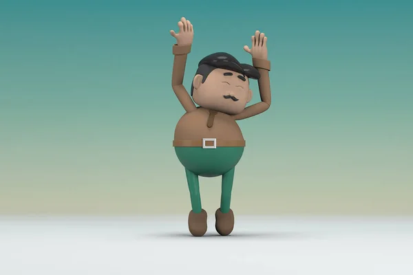 茶色の長袖シャツを着て口ひげを生やした男は緑のパンツ 彼は運動をしている 演技中の漫画のキャラクターの3Dイラストレーター — ストック写真