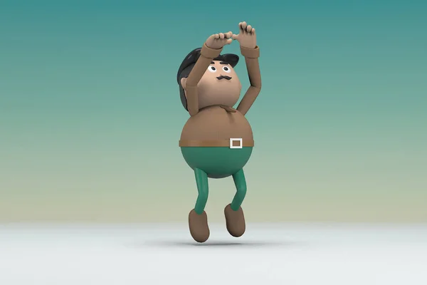 The man  with mustache wearing a brown long sleeve shirt green pants. He is jumping. 3d illustrator of cartoon character in acting.
