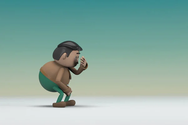 茶色の長袖シャツを着て口ひげを生やした男は緑のパンツ 彼は悲しいか痛みを感じている 演技中の漫画のキャラクターの3Dイラストレーター — ストック写真