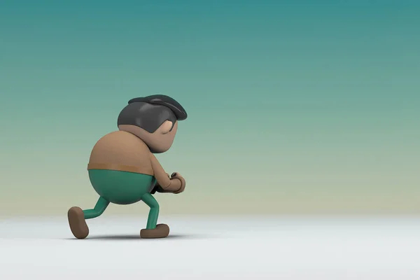 The man  with mustache wearing a brown long sleeve shirt green pants.  He is pulling or pushing something. 3d illustrator of cartoon character in acting.
