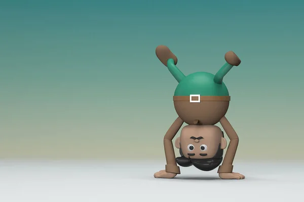 The man  with mustache wearing a brown long sleeve shirt green pants.  He is doing exercise. 3d illustrator of cartoon character in acting.