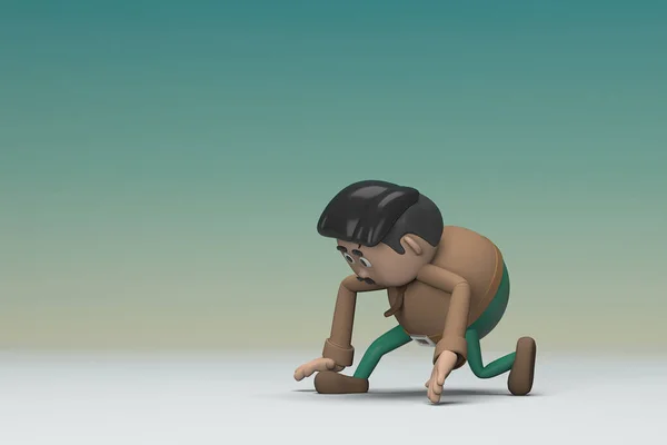 The man  with mustache wearing a brown long sleeve shirt green pants.  He is doing exercise. 3d illustrator of cartoon character in acting.