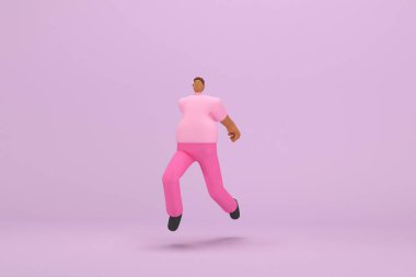 Pembe elbiseli siyah adam. Atlıyor. Oyunculuktaki çizgi film karakterinin 3d çizimi.